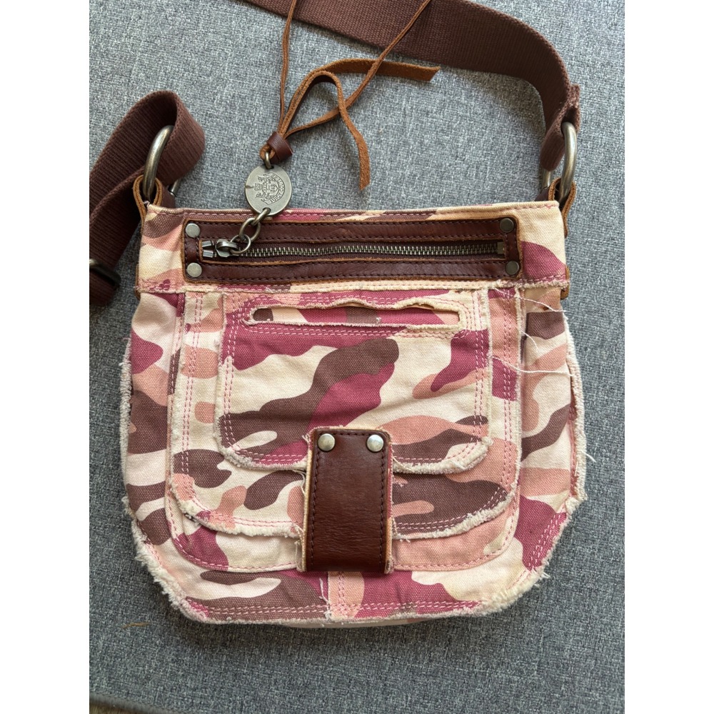Juicy Couture Pink Camo Canvas Crossbody Bag Leather Trim Distressed Y2K - Picture 4 of 7